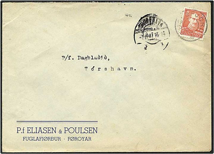 20 øre rød Chr. X på brev fra Fuglefjord d. 7.11.1947 til Tórshavn. Fuglefjord stjernestempel.