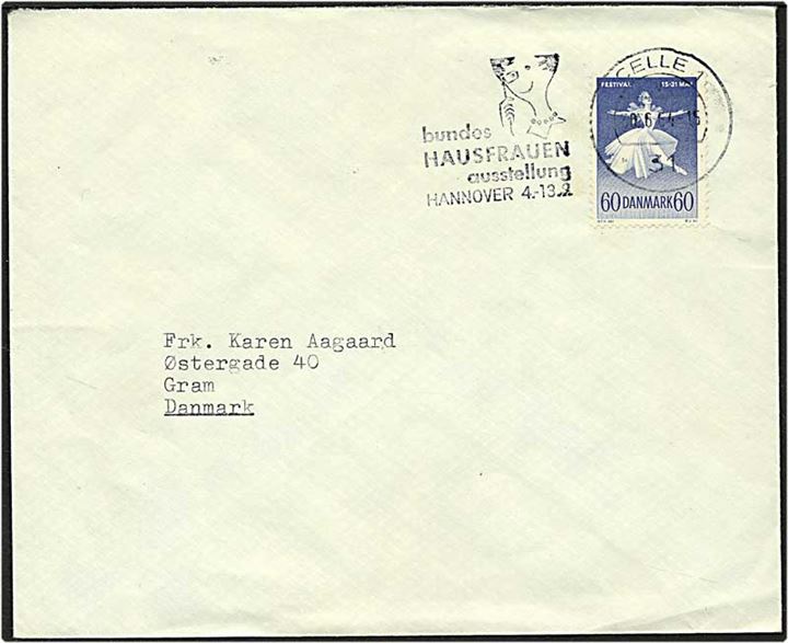 60 øre blå balletdanser på brev fra Celle, Tyskland, d. 30.6.1964 til Gram.