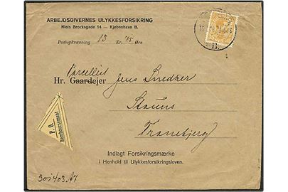 35 øre gul Chr. X på postopkrævning fra København d. 15.2.1918 til Tranebjerg. Mærket med perfin A67a - Arbejdernes Ulykkesforsikring.