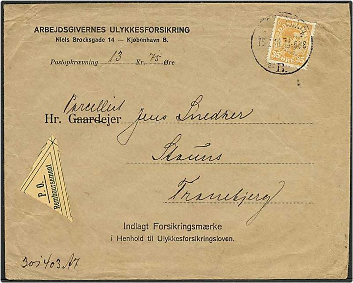 35 øre gul Chr. X på postopkrævning fra København d. 15.2.1918 til Tranebjerg. Mærket med perfin A67a - Arbejdernes Ulykkesforsikring.