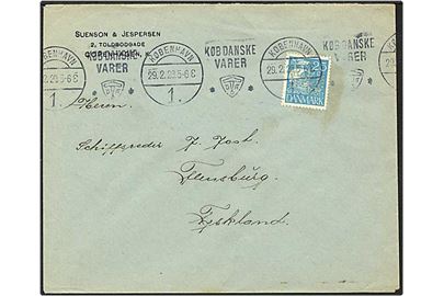 25 øre blå karavel på brev fra København d. 29.2.1928 til Flensborg, Tyskland. Mærket med perfin S30 - Suenson & Jespersen.