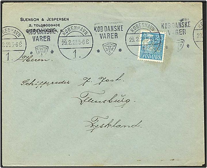 25 øre blå karavel på brev fra København d. 29.2.1928 til Flensborg, Tyskland. Mærket med perfin S30 - Suenson & Jespersen.