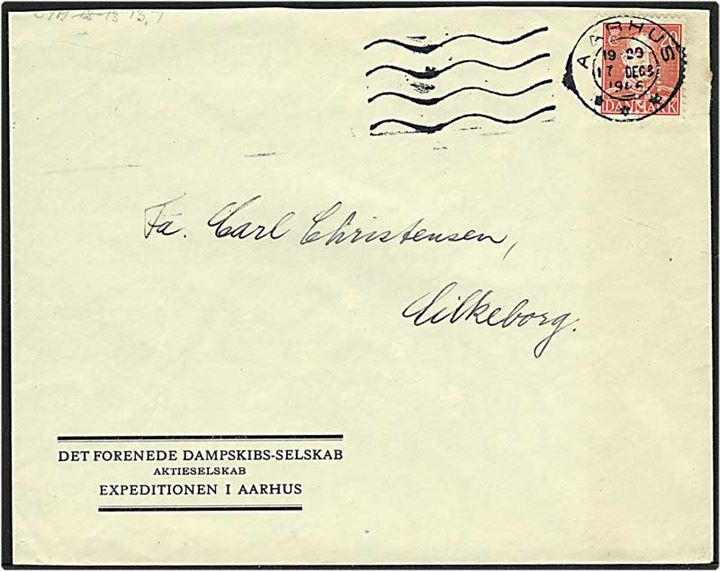 20 øre rød Chr. X på brev fra Aarhus d. 17.12.1946 til Silkeborg. Mærket med perfin Fig.13c - Det forenede Dampskibs-Selskab.