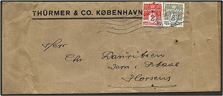 2 øre rød og 8 øre grå bølgelinie på brev fra København d. x.2.1934 til Horsens.