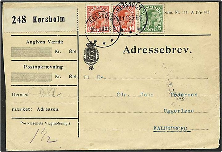 5 øre grøn og 10 øre rød Chr. X på adressebrev fra Hørsholm d. 30.1.1918 til Kalundborg.