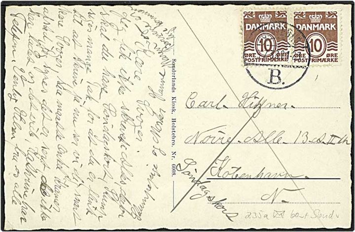 10 øre brun bølgelinie på søndagspostkort fra Holstebro d. 9.7.1938 til København.