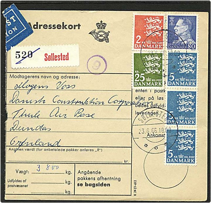42,80 kr. porto på adressekort fra Søllested d. 23.6.1966 til Dundas.