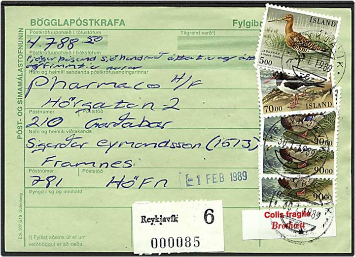 345 kr. porto på adressekort fra Reykjavik, Island, d. 30.1.1989.