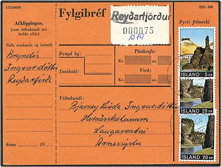 45 kr. porto på adressekort fra Reydarfjördur, d. 10.10.1970.