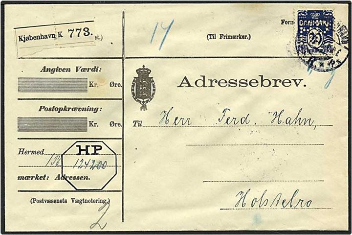 20 øre sortblå bølgelinie singelfrankatur på adressebrev fra København d. 24.11.1913 til Holstebro. Mærket med perfin H54 - Holger Petersen.