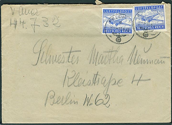 Luftfeltpost mærke (2) på feltpostbrev stemplet Feldpost d. 22.6.1943 til Berlin, Tyskland. Fra Feldpost nr. 44732 = Kriegslazarett 928. Fuldt indhold.