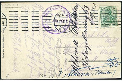 5 pfg. Germania på brevkort (S.S. Hertha an der Binzer Landungsbrücke) fra Stettin d. 31.7.1911 til Berlin - eftersendt. Privat skibsstempel: Salon-Schnell-Dampfer Hertha Auf hoher See d. 31.7.1911. 