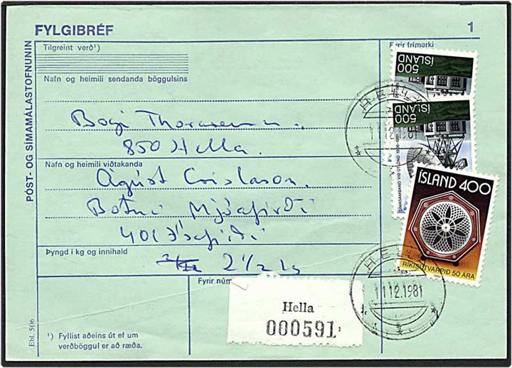 1400 kr. porto på adressekort Hella d. 11.12.1981.