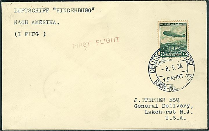 75 pfg. LZ 129 Nordamerikafahrt på brev annulleret med bordstempel Deutsche Luftpost Luftschiff Hindenburg 1. Fahrt Europa - Nordamerika d. 8.5.1936 til Lakehurst, USA.