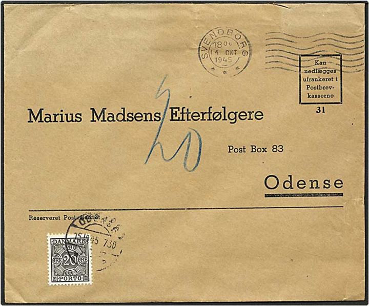 Ufrankeret brev fra Svendborg d. 14.10.1945 til Odense. Brevet sat i porto og påsat 20 øre grå portomærke.