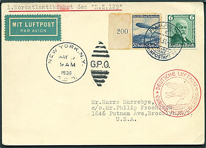 6 pfg. Daimler og 50 pfg. Nordamerikafahrt på luftpost brevkort fra Frankfurt d. 4.5.1936 til New York. Rødt luftpost stempel: Deutsche Luftpost d * Europa - Nordamerika *.