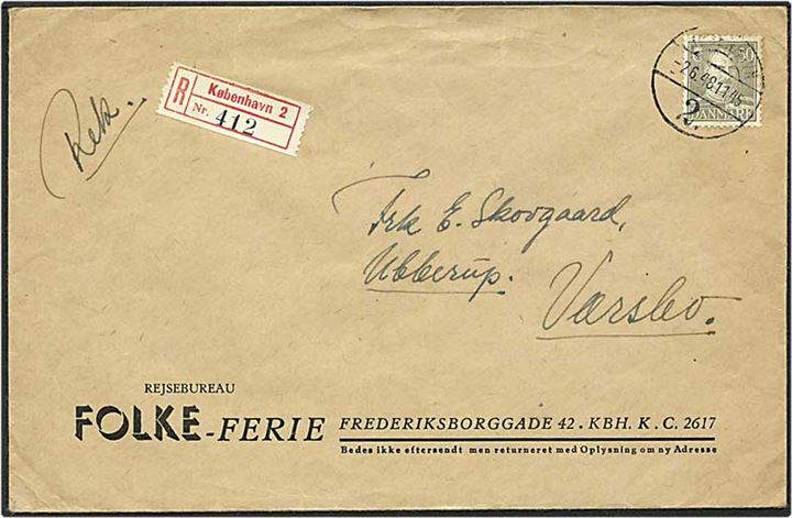 50 øre grå Chr. X singelfrankatur på Rec. brev fra København d. 2.6.1948 til Værslev.