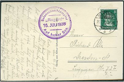 8 pfg. Beethoven på brevkort (Salon-Schnell-Dampfer Rugard, Sassnitz-linie) stemplet Sassnitz d. 16.7.1928 til Dresden. Privat skibsstempel: Salonschnelldampfer Rugard Auf hoher See d. 16.7.1928.