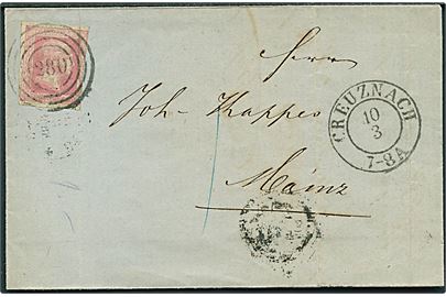 1 sgr. Wilhelm II 1857 udg. på brev annulleret med nr.stempel 280 og sidestemplet Creuznach d. 10.3.1858 til Mainz. Lodret fold.