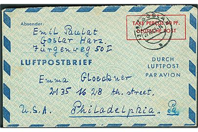 60 pfg. aerogram fra Goslar d. 27.10.1949 til Philadelphia, USA. 