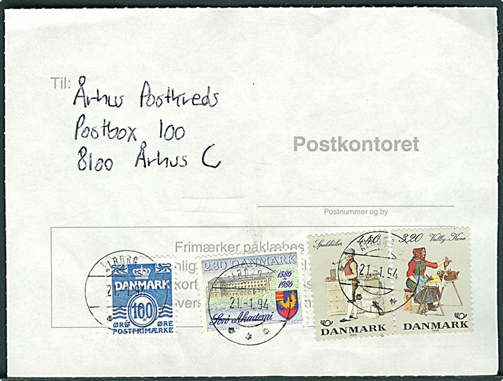 100 øre Bølgelinie, 2,80 kr. Sorø Akademi og Komplet sæt Folkedragter på bagsiden af portoregning annulleret med postsparestempel Ålborg 8 d. 21.1.1994 til Århus.