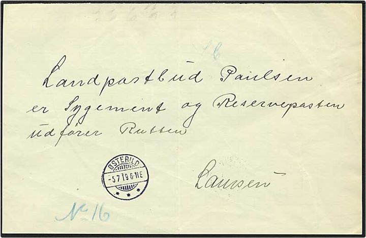 Skrivelse fra Østerild d. 5.7.1919 angående landpostbuds sygdom.