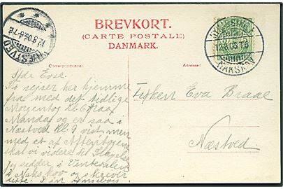 5 øre Våben på brevkort annulleret med bureaustempel Nykjøbing F. - Nakskov T.6 d. 12.8.1905 til Næstved.