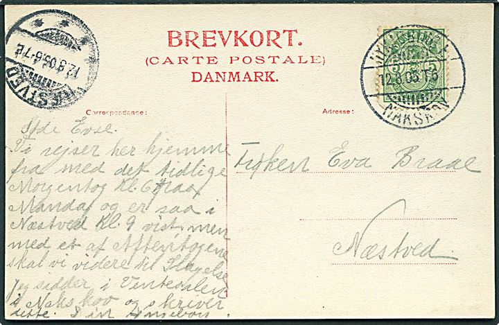 5 øre Våben på brevkort annulleret med bureaustempel Nykjøbing F. - Nakskov T.6 d. 12.8.1905 til Næstved.