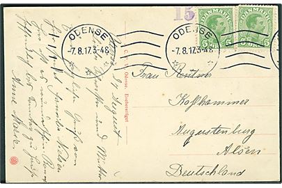 5 øre Chr. X (2) på brevkort fra Odense d. 7.8.1915 til Augustenborg, Nordslesvig. Lokal censur 15 i violet.