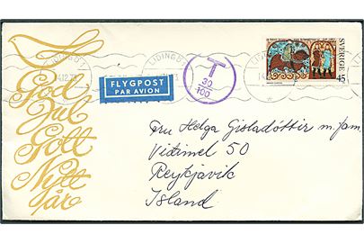45 öre på underfrankeret luftpostbrev fra Lidingö d. 14.12.1973 til Reykjavik, Island. Violet portostempel T 30/100.