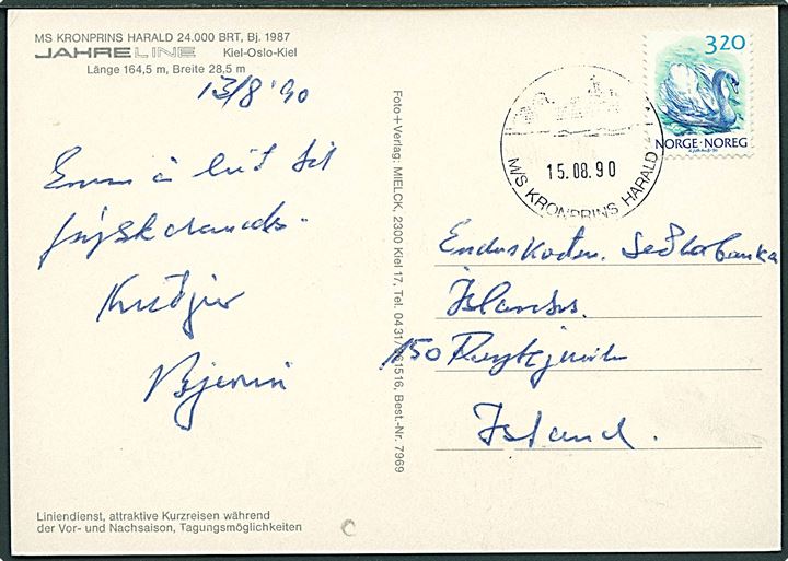 3,20 kr. Svane på brevkort (M/S kronprins Harald) annulleret med skibsstempel M/S Kronprins Harald d. 15.8.1990 til Reykjavik, Island.