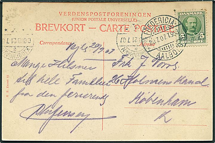5 øre Fr. VIII på brevkort fra Vejle annulleret med bureaustempel Fredericia - Aalborg T.953 d. 20.7.1907 til København.