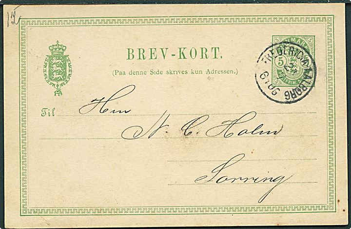 5 øre Våben helsagsbrevkort annulleret med lapidar bureau stempel Fredericia - Aalborg d. 24.7.1896 via Laven til Sorring.