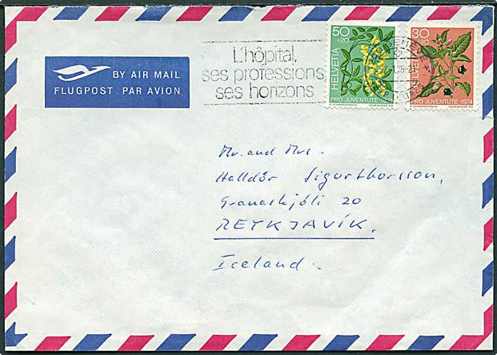 30+20 c. og 50+20 c. Pro Junetute 1964 udg. på luftpostbrev fra Geneve d. 7.1.1975 til Reykjavik, Island.