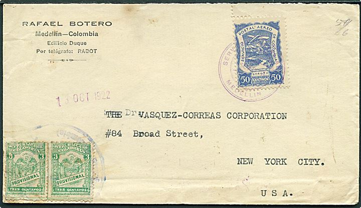 3 c. (par) og 50 c. SCADTA på luftpostbrev fra Medellin 1922 til New York, USA.