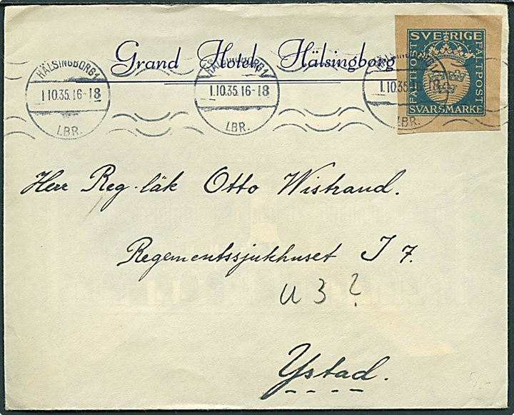Fältpost Svarmärke som frankering på brev fra Hälsingborg d. 1.10.1935 til militærlæge på Regimentssygehuset i Ystad. 