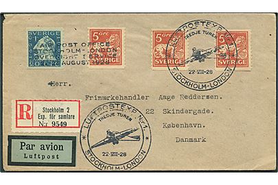 5 öre Løve (3) og 20 öre Gustaf II Adolf på anbefalet luftpostbrev annulleret med særstempel Luftpostexp. Nr. 1 Stockholm - London d. 22.8.1928 til København, Danmark.