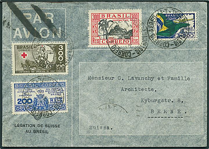 4$300 reis blandingsfrankeret fortrykt kuvert fra den schweiziske legation sendt som luftpost fra Rio de Janeiro 1936 via Marseille til Bern, Schweiz. 