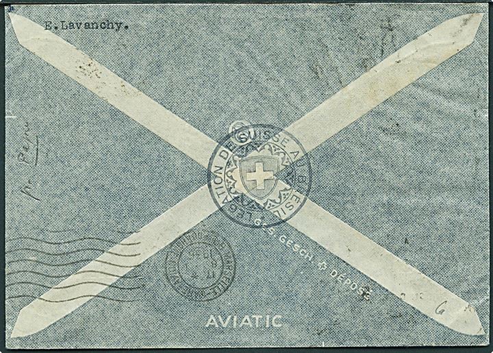 4$300 reis blandingsfrankeret fortrykt kuvert fra den schweiziske legation sendt som luftpost fra Rio de Janeiro 1936 via Marseille til Bern, Schweiz. 