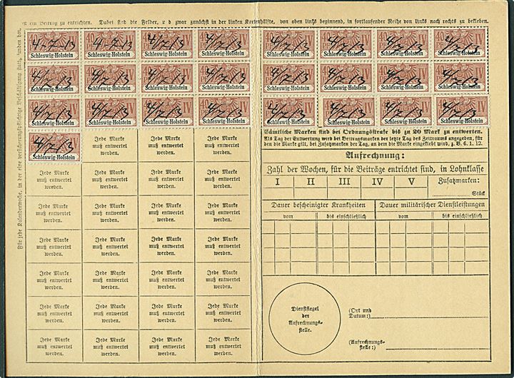 Kvitteringskort på forsikring fra Haderslev 1913 med 31 stk. 40 pfg. kvitteringsmærker annulleret med blæk dato d. 4/7-13.