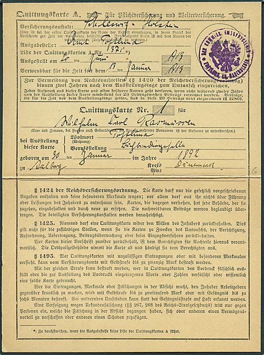 Kvitteringskort på forsikring fra Haderslev 1913 med 31 stk. 40 pfg. kvitteringsmærker annulleret med blæk dato d. 4/7-13.