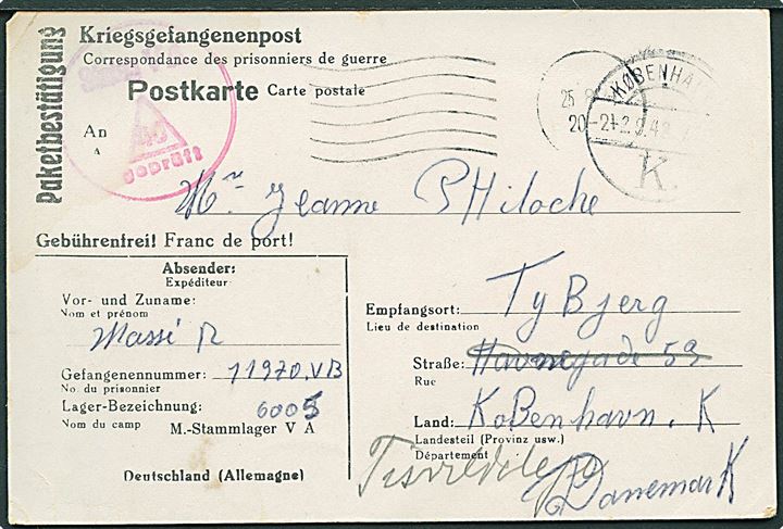 Ufrankeret fortrykt krigsfangebrevkort med stumt stempel d. 25.8.1942 fra fransk krigsfange i Stalag VA (= Ludwigsburg) til København, Danmark - eftersendt til Tisvildeleje. Rød lejrcensur.