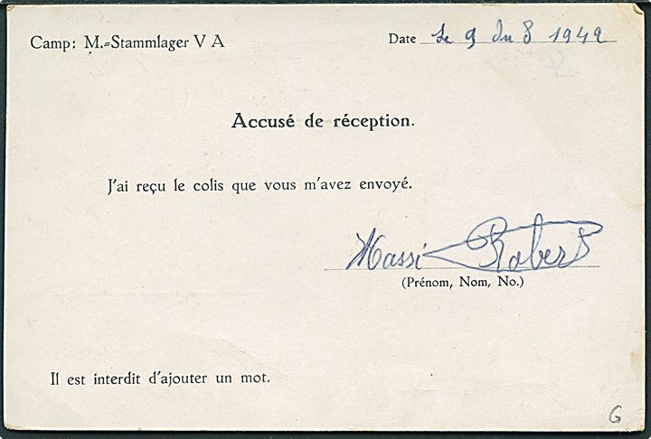 Ufrankeret fortrykt krigsfangebrevkort med stumt stempel d. 25.8.1942 fra fransk krigsfange i Stalag VA (= Ludwigsburg) til København, Danmark - eftersendt til Tisvildeleje. Rød lejrcensur.