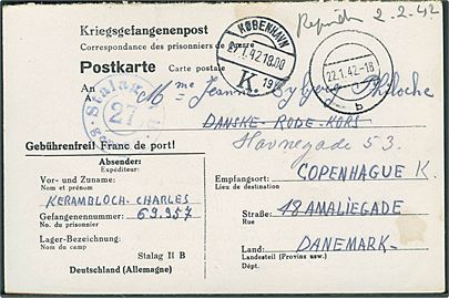 Ufrankeret spørgedel af dobbelt krigsfangebrevkort med stumt stempel d. 22.1.1942 fra fransk krigsfange i Stalag IIB (= Hammerstein) til Dansk Røde Kors i København - eftersendt til lokaladresse i København. Blå lejrcensur no. 27.