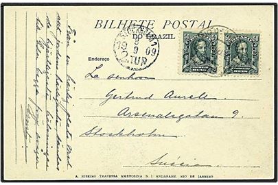 50 reis grøn på postkort fra Brasilien til Stockholm, Sverige, d. 8.9.1909.