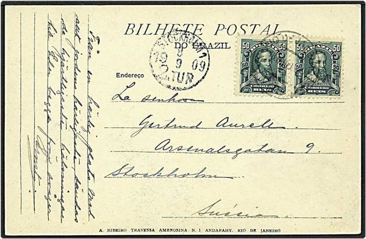 50 reis grøn på postkort fra Brasilien til Stockholm, Sverige, d. 8.9.1909.
