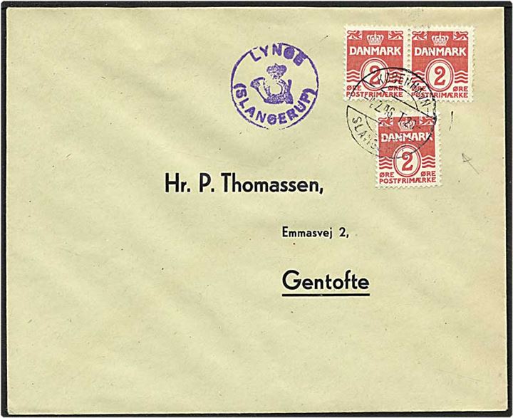 2 øre rød bølgelinie på brev fra Lynge d. 4.2.1946 til Gentofte. Lynge / (Slangerup) posthornsstempel samt København / Slangerup bureaustempel. 