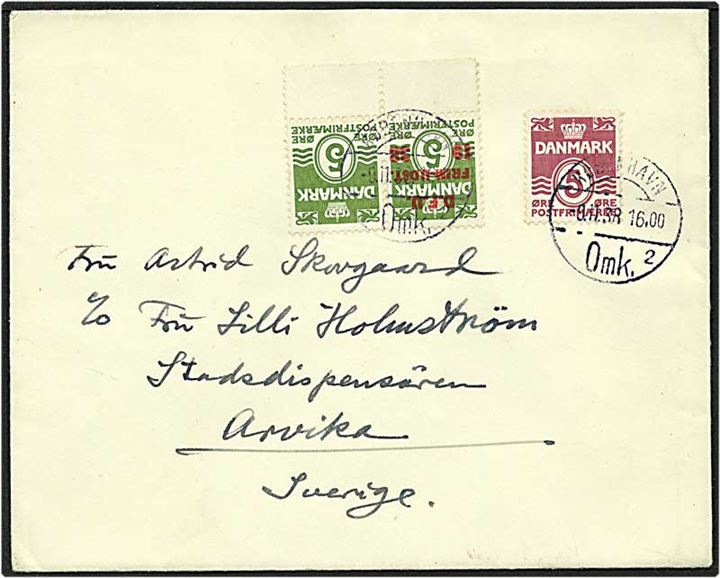 5 øre grøn og 5 øre grøn D.F.U. samt 5 øre vinrød bølgelinie på brev fra København d. 9.11.1938 til Arvika, Sverige.