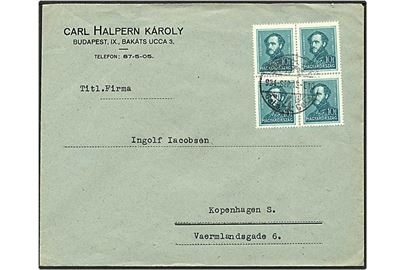 10 filler grøn på brev fra Budapest, Ungarn, d. 13.9.1934 til København.