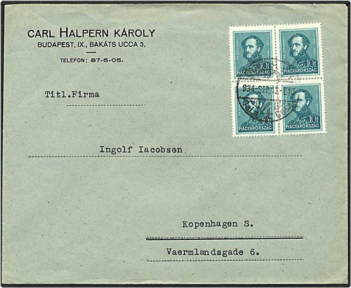 10 filler grøn på brev fra Budapest, Ungarn, d. 13.9.1934 til København.
